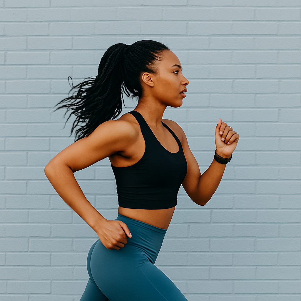 Empowered female entrepreneur on the move, captured mid-run in natural light—symbolizing bold branding, momentum, and modern business energy.