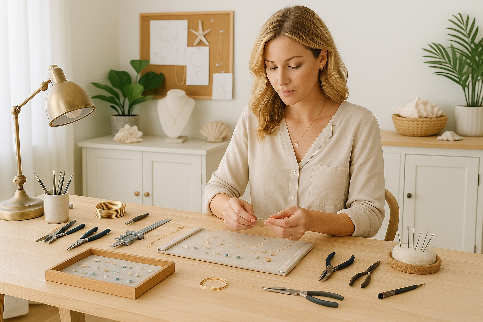 Jewelry artist in a creative studio surrounded by tools and handmade pieces, working on a new design in a bright, modern workspace