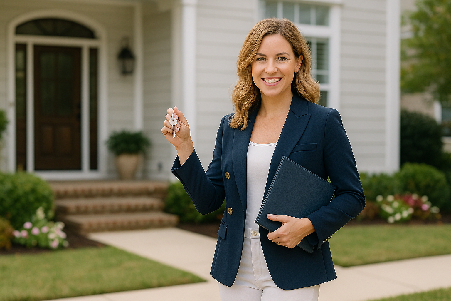 Branding photograph of a professional female realtor confidently standing outside a modern home, showcasing her personal style and local market presence.
