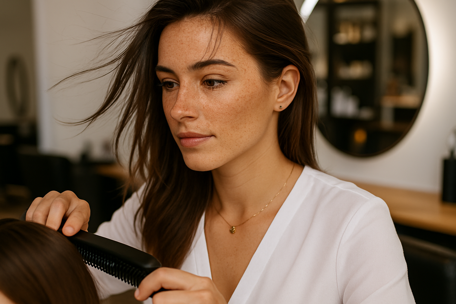 Female stylist with wind-swept hair and confident expression, captured in a minimalist studio setting—embodying modern personal branding with edge and style