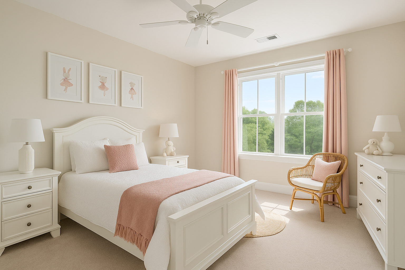 Charming child’s bedroom with pastel accents, twin bed, and soft feminine details.