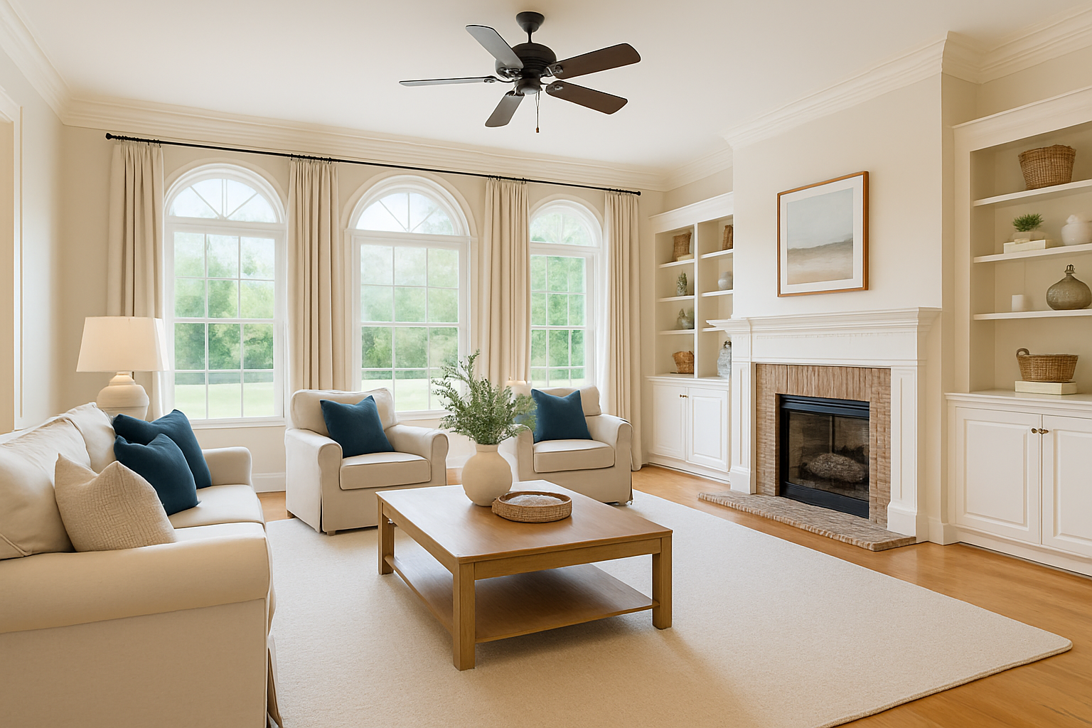 Expansive family room with cozy seating, fireplace, and open layout connecting to the kitchen.