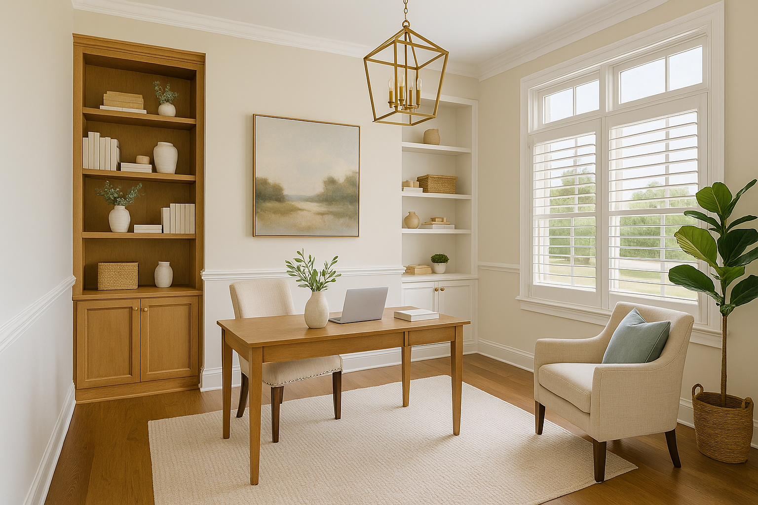 Warm-toned home office with built-in shelving, large desk, and ample natural light.