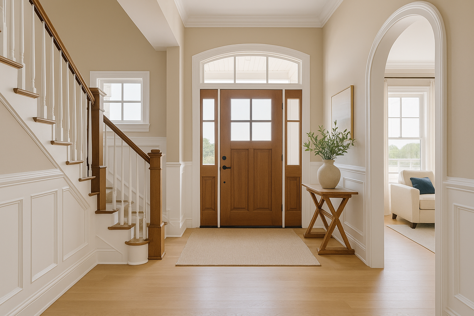Spacious entry hall with grand staircase, elegant light fixture, and natural wood flooring.