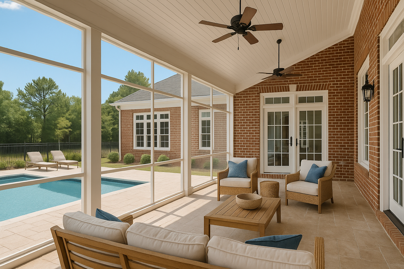 Resort-style screened-in porch opening to a private pool, surrounded by lush landscaping.