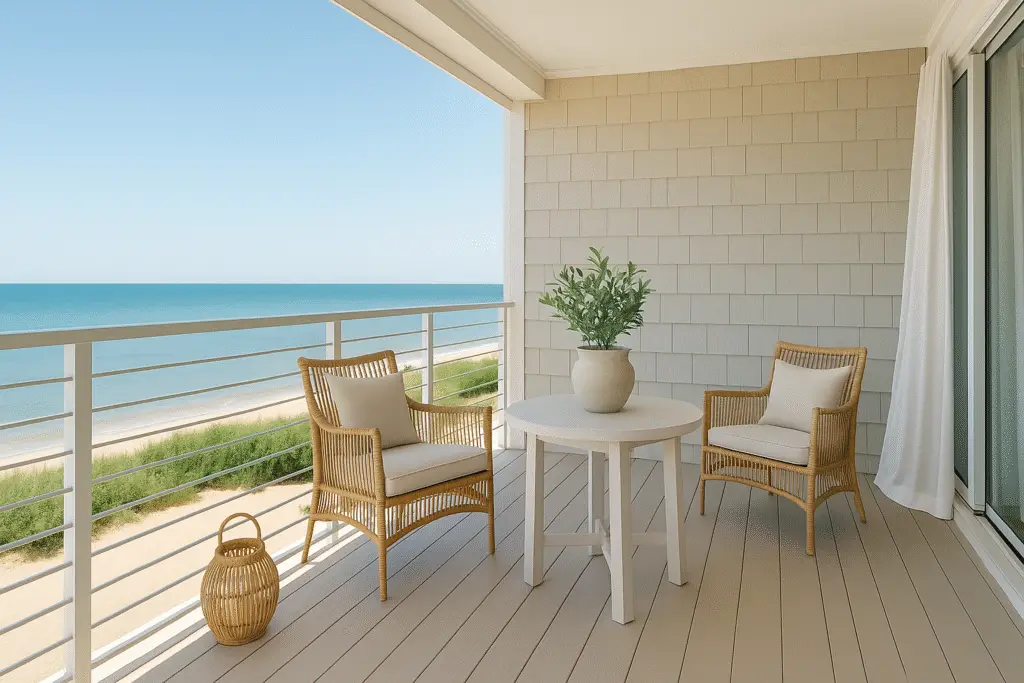 Ocean-facing back porch with rattan lounge chairs, soft linens, and breezy coastal vibe.
