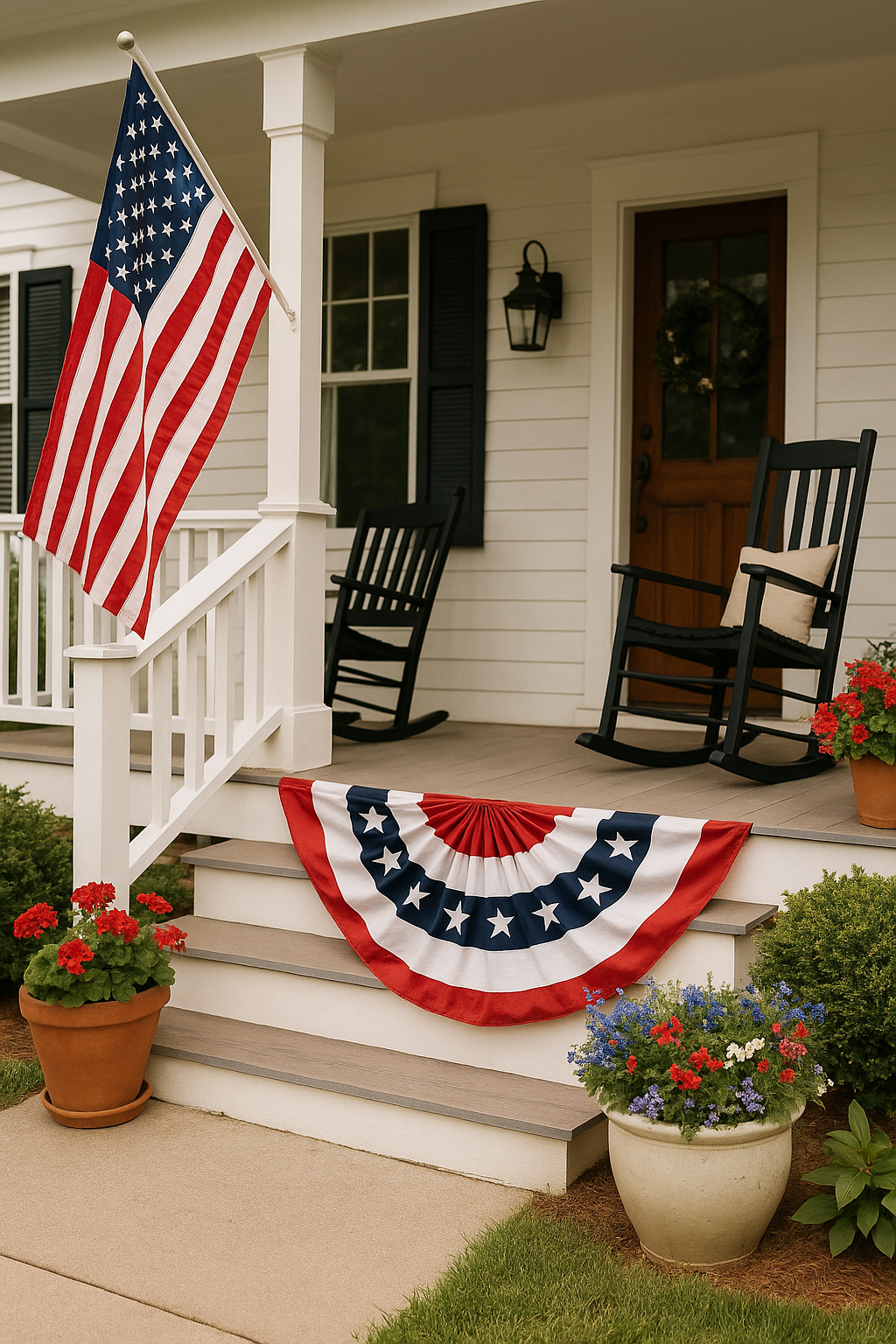 White farmhouse-style porch featuring a bench swing, red geraniums in pots, American flags, and patriotic bunting with stars and stripes, styled for a classic 4th of July celebration.