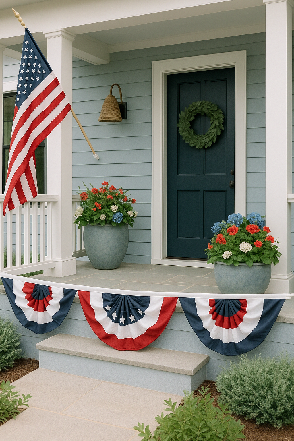 Front porch of a traditional white home decorated for the 4th of July with patriotic bunting on the railing, an American flag, red and white flowers in terracotta pots, and a navy front door with a seasonal wreath.