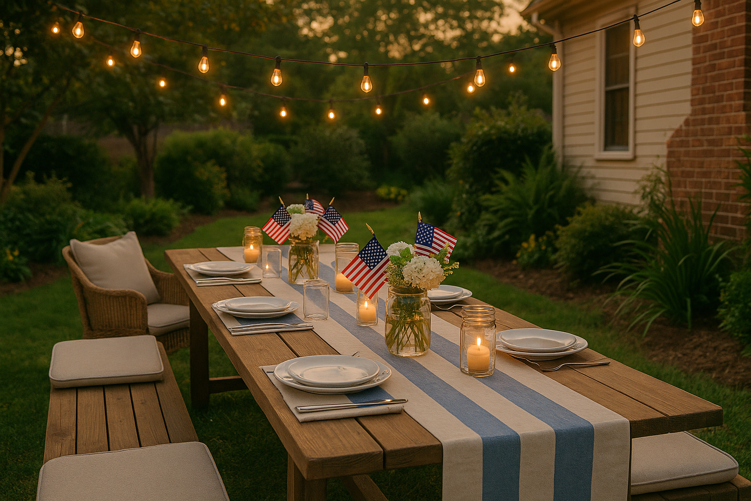 Outdoor wooden table set for a 4th of July celebration with white plates, red gingham napkins, a navy blue runner, and mason jars filled with wildflowers in red, white, and blue.